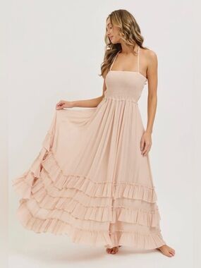 Fair Trade vegan Sweet Lovely by Jen Halter Smocked Ruffled Tiered Maxi Dress